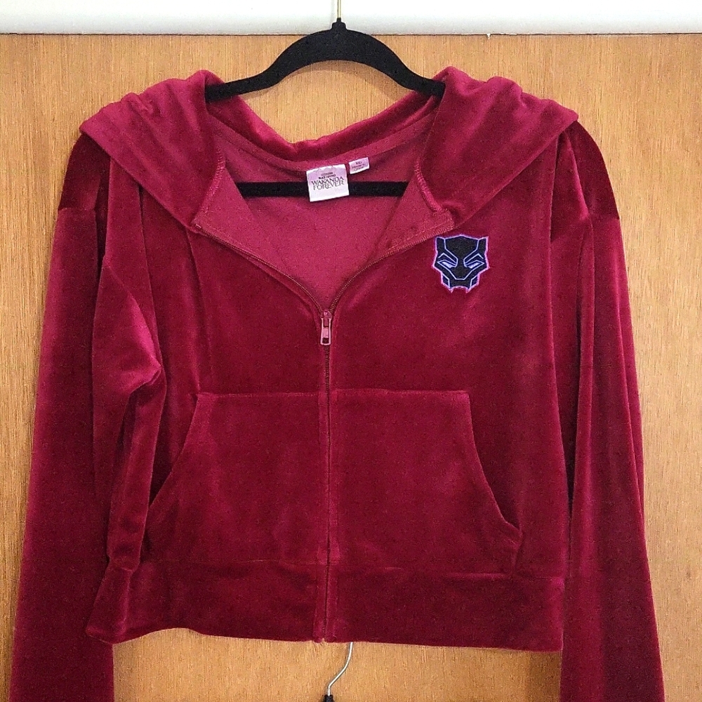 Marvel Wakanda, maroon velvet plush crop sweatshirt and flared bottoms. NWOT MED - Picture 4 of 15